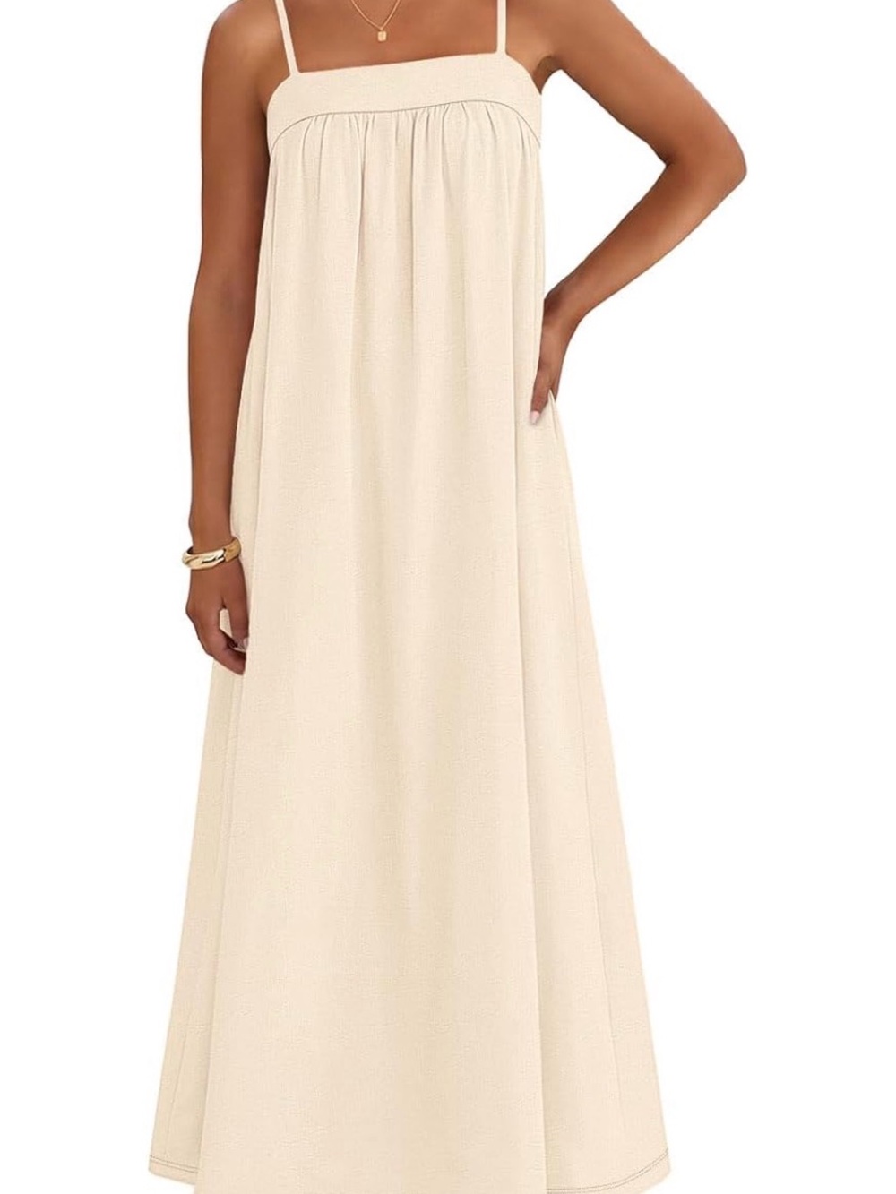 Cream Spaghetti-Strap Maxi Dress with Gathered Bodice